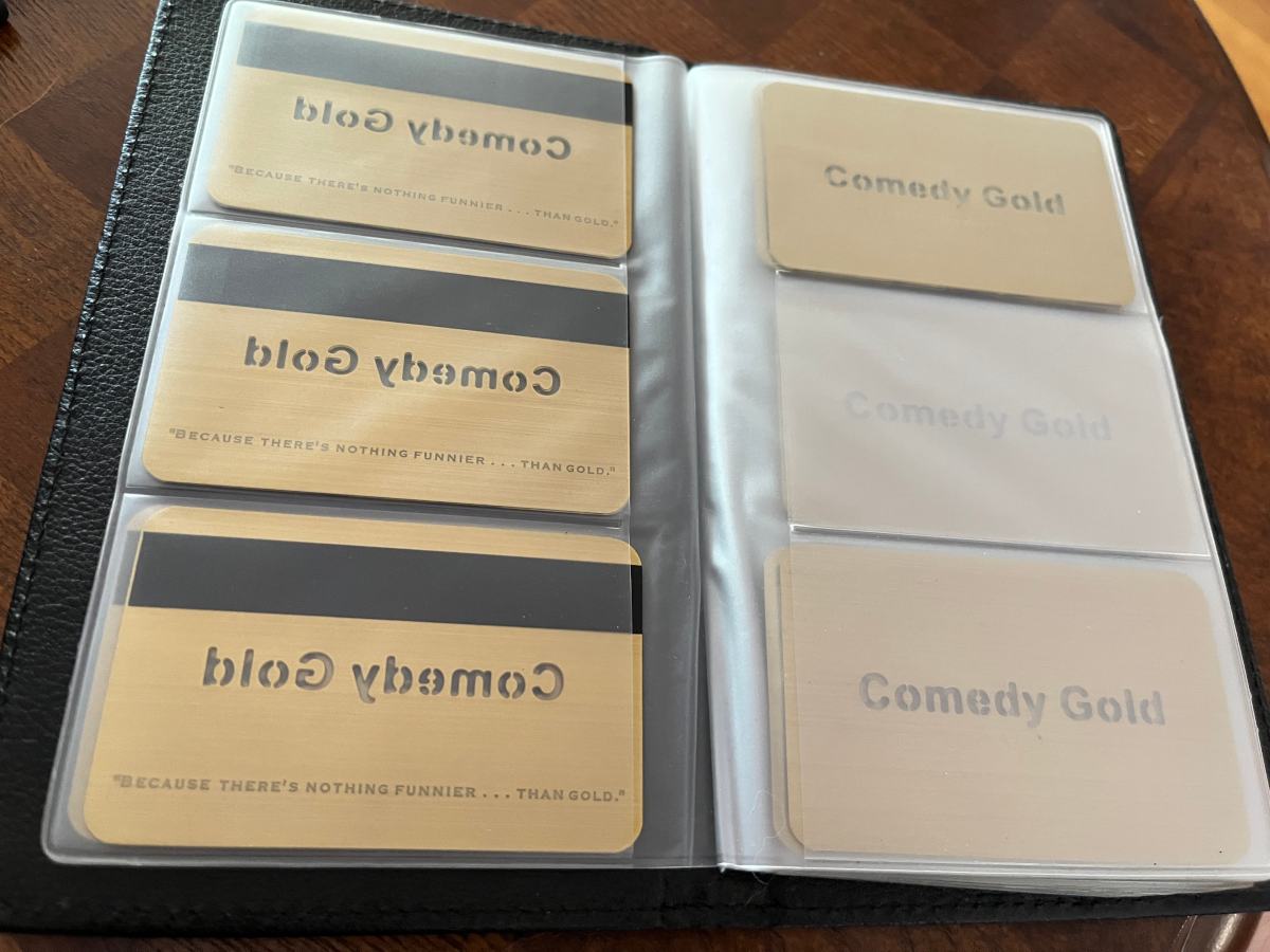 Unsold Comedy Gold cards safe from the elements in an attractive folder